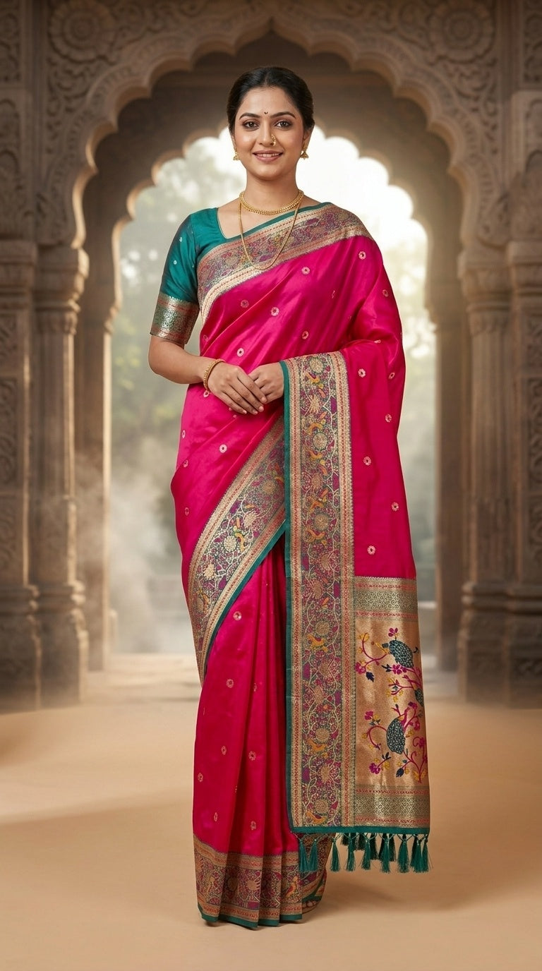 Premium Soft Paithani Silk Saree for Women with Meenakari Zari Weaving, Rich Peacock Pallu, Floral Border & Silk Brocade Blouse