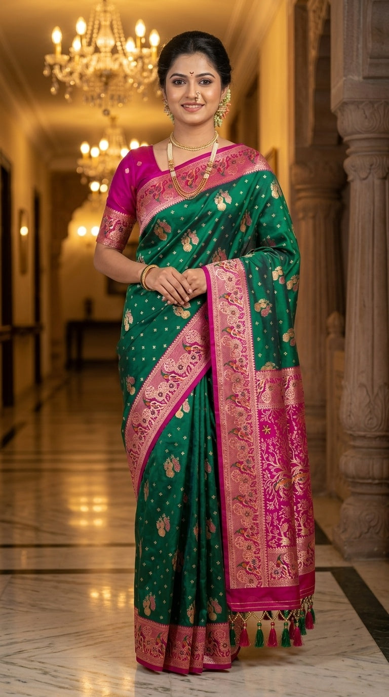 Premium Soft Paithani Silk Saree for Women with Meenakari Zari Weaving, Peacock Pallu, Rich Floral Border & Brocade Blouse