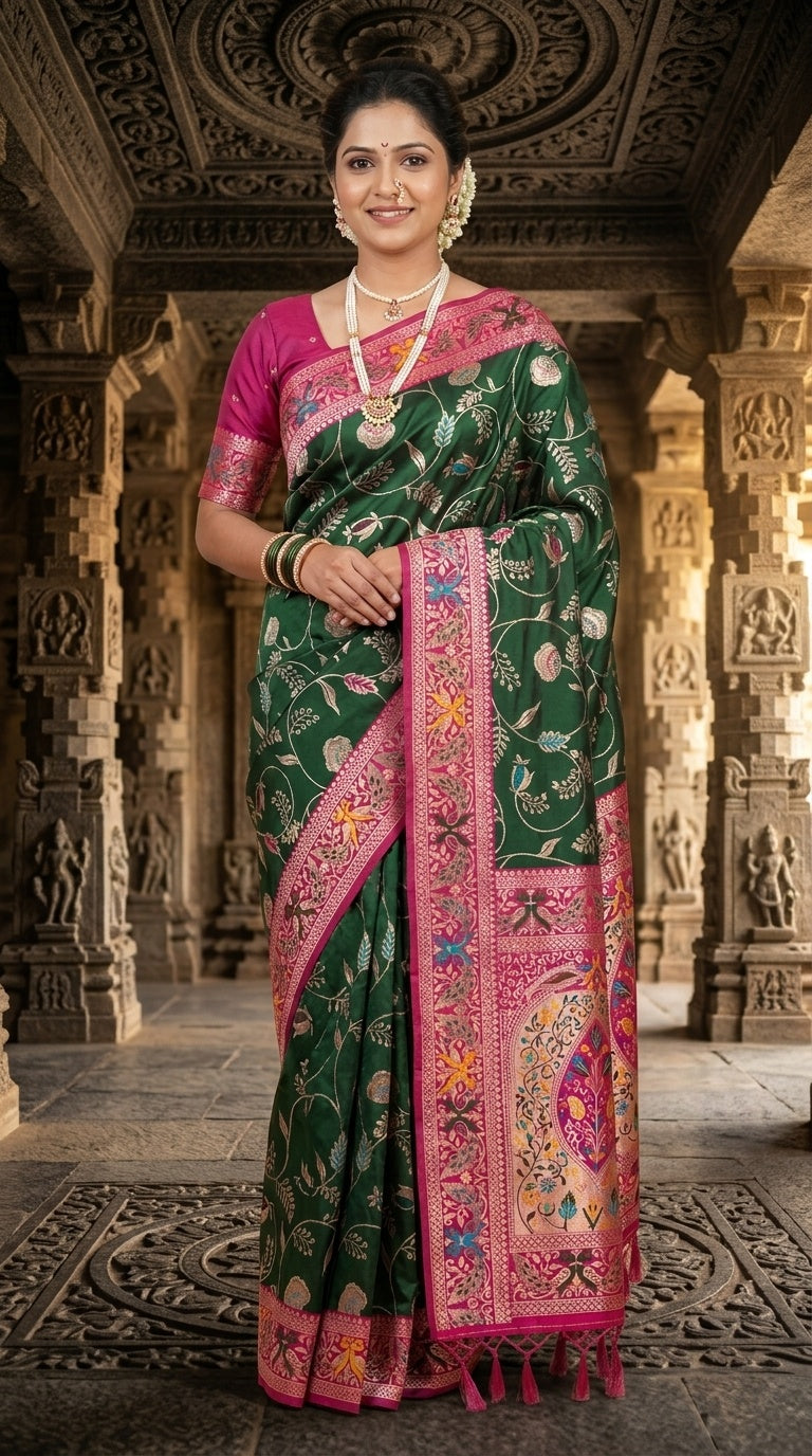 PREMIUM Soft Paithani Silk Saree for Women with Meenakari Zari Weaving, Rich Peacock Pallu, Floral Border & Tassels with Brocade Blouse