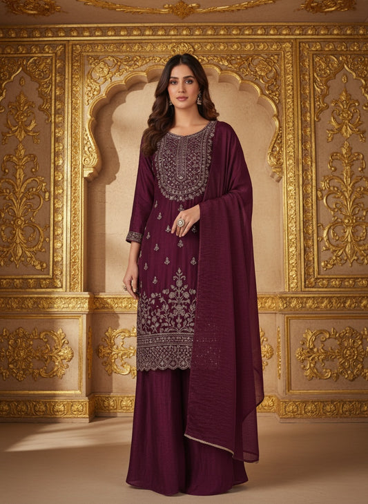 Women’s Wine Purple Embroidered Kurta Sharara Set with Dupatta | Designer Festive & Wedding Ethnic Wear for Women