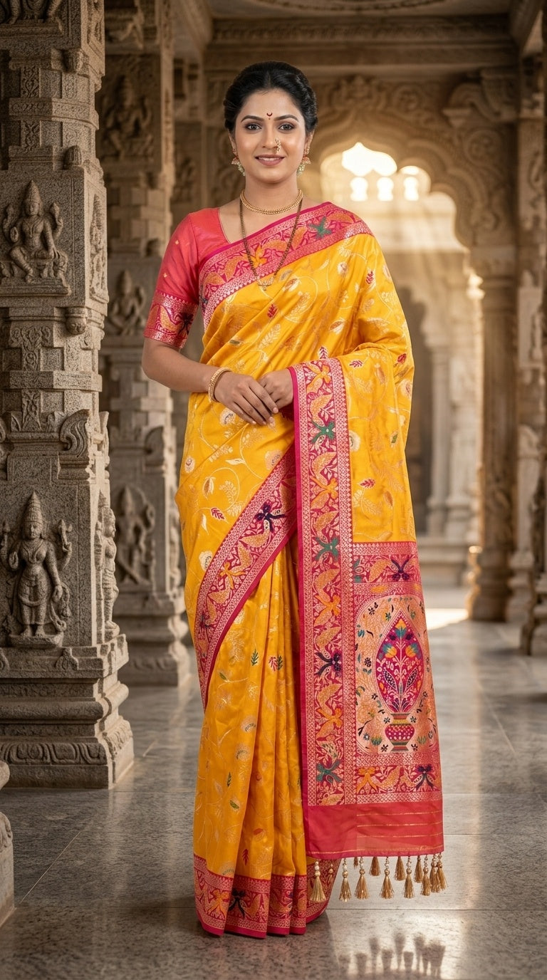PREMIUM Soft Paithani Silk Saree for Women with Meenakari Zari Weaving, Rich Peacock Pallu, Floral Border & Tassels with Brocade Blouse