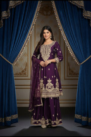 Women’s Chinon Silk Embroidered Peplum Gown with Dupatta | Designer Ethnic Dress for Wedding & Festive Wear | Party Wear Sharara Style Outfit
