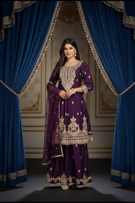 Women’s Chinon Silk Embroidered Peplum Gown with Dupatta | Designer Ethnic Dress for Wedding & Festive Wear | Party Wear Sharara Style Outfit