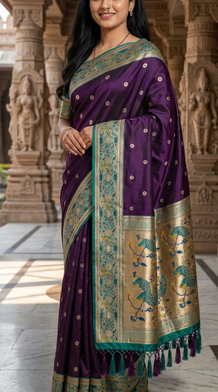 Premium Soft Paithani Silk Saree for Women with Meenakari Zari Weaving, Rich Peacock Pallu, Floral Border & Silk Brocade Blouse