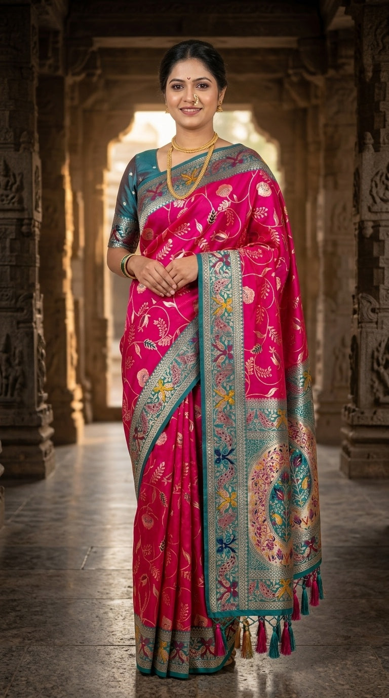 PREMIUM Soft Paithani Silk Saree for Women with Meenakari Zari Weaving, Rich Peacock Pallu, Floral Border & Tassels with Brocade Blouse