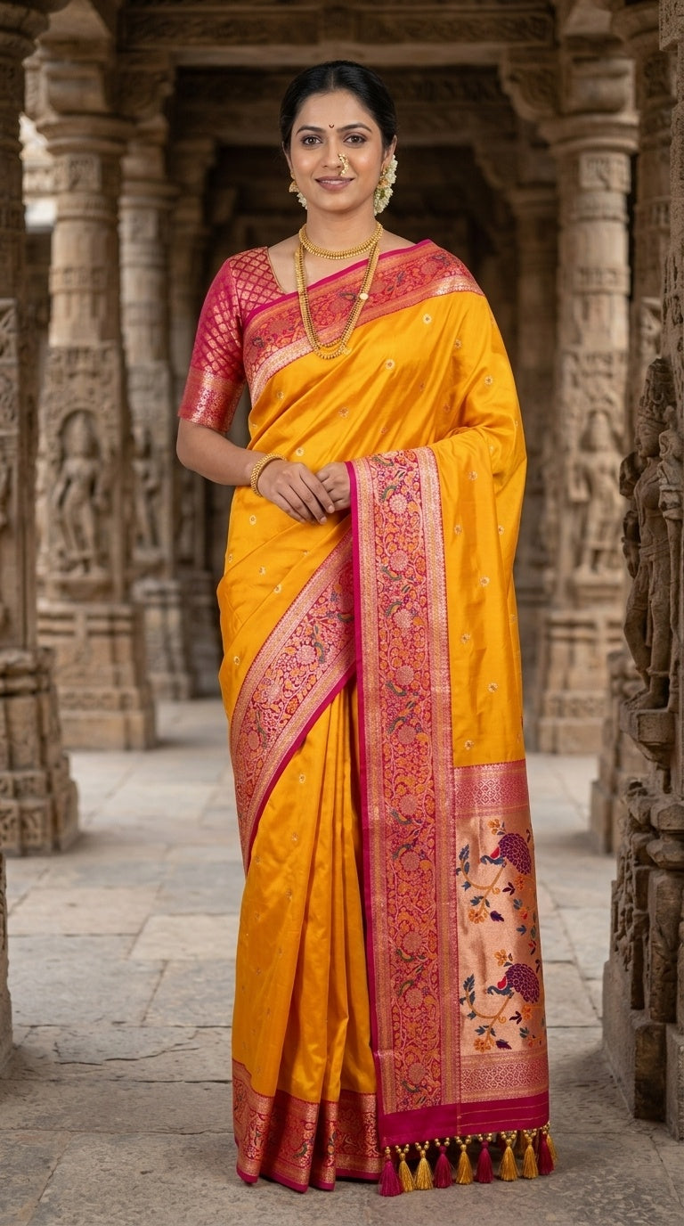 Premium Soft Paithani Silk Saree for Women with Meenakari Zari Weaving, Rich Peacock Pallu, Floral Border & Silk Brocade Blouse