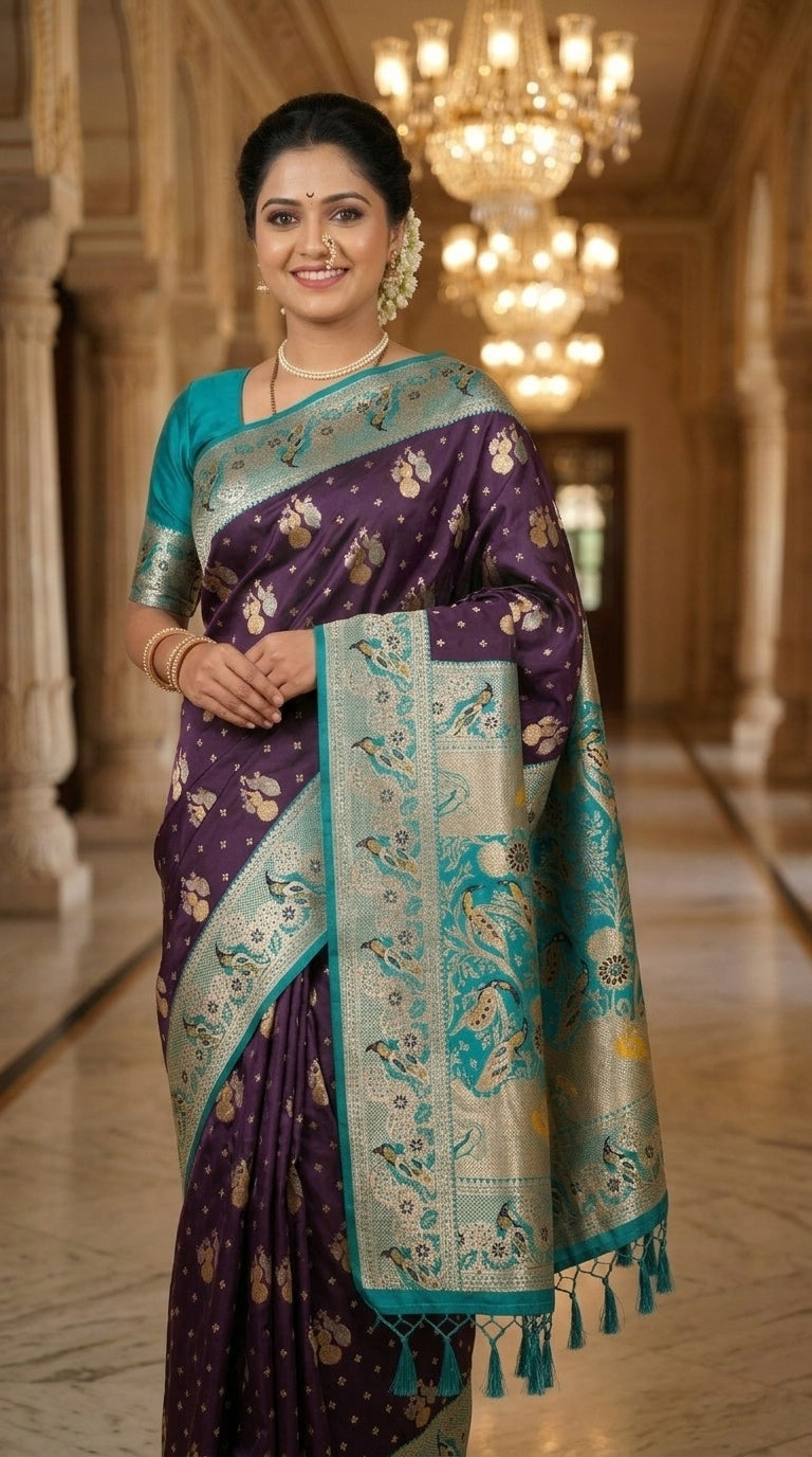 Premium Soft Paithani Silk Saree for Women with Meenakari Zari Weaving, Peacock Pallu, Rich Floral Border & Brocade Blouse
