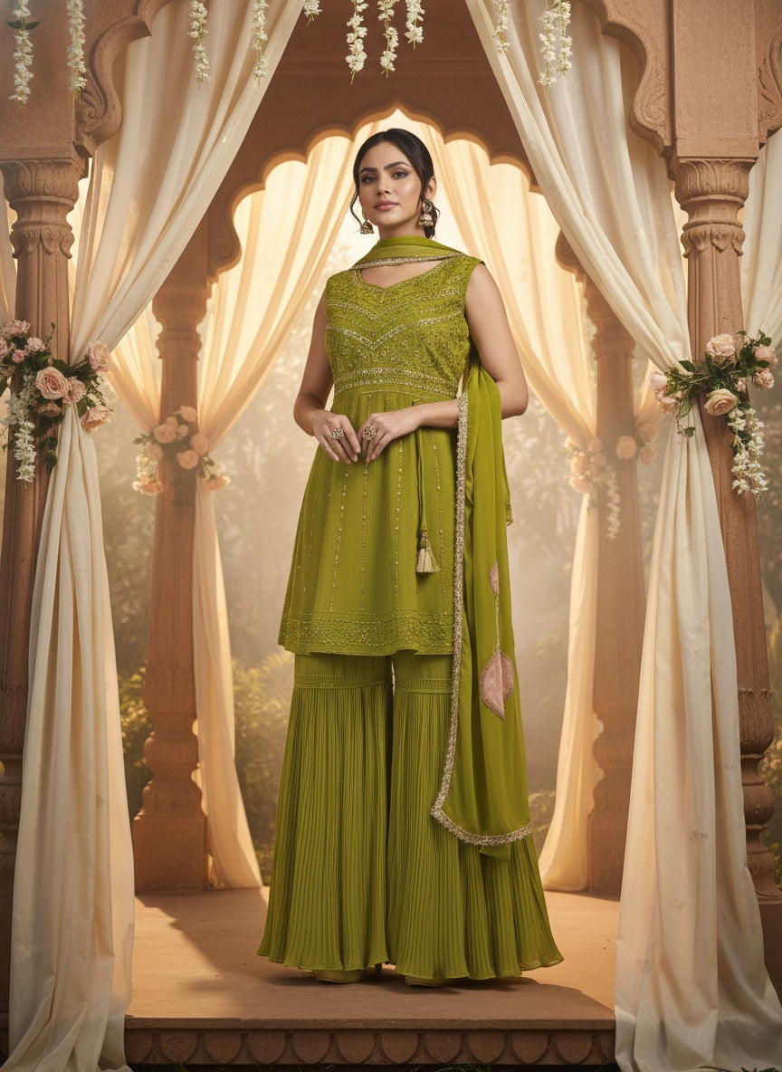 Women’s Georgette Siroski  Embroidered Sharara Set with Dupatta | Designer Ethnic Kurta Sharara Suit for Wedding & Festive Wear