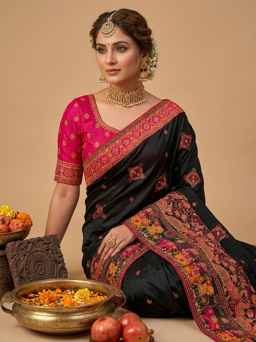 OWLSKY, SASSY & STYLO Women's Pure Rajwadi Pashmina Silk Woven Saree with Kashmiri Thread Woven Pallu | Heavy Zari Elephant Border, Running Butti, Handmade Tassels | Contrast Unstitched Blouse