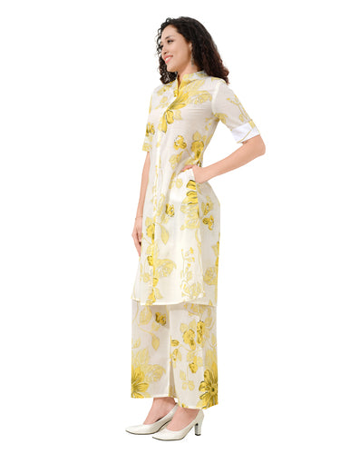 OWLSKY, SASSY & STYLO Women’s Cotton Floral Printed Co-ord Set of Kurta and Pants | Stylish Casual Two-Piece Outfit | V Neck 3/4 Sleeve | Casual Wear With Pockets Yellow