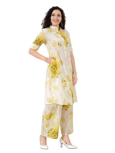OWLSKY, SASSY & STYLO Women’s Cotton Floral Printed Co-ord Set of Kurta and Pants | Stylish Casual Two-Piece Outfit | V Neck 3/4 Sleeve | Casual Wear With Pockets Yellow