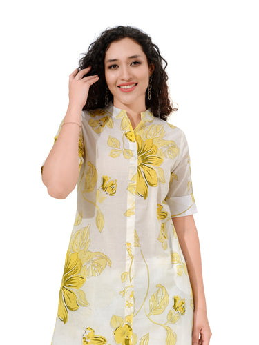 OWLSKY, SASSY & STYLO Women’s Cotton Floral Printed Co-ord Set of Kurta and Pants | Stylish Casual Two-Piece Outfit | V Neck 3/4 Sleeve | Casual Wear With Pockets Yellow