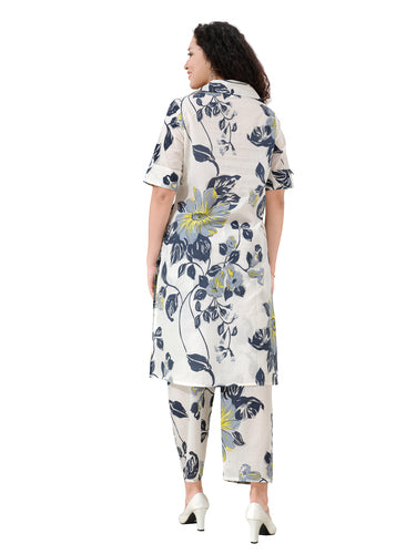 OWLSKY, SASSY & STYLO Women’s Cotton Floral Printed Co-ord Set of Kurta and Pants | Stylish Casual Two-Piece Outfit | V Neck 3/4 Sleeve | Casual Wear With Pockets White