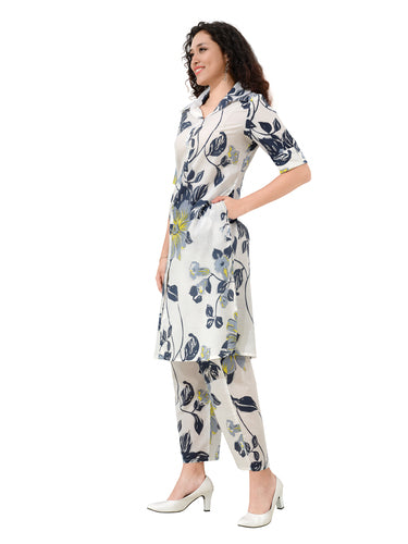 OWLSKY, SASSY & STYLO Women’s Cotton Floral Printed Co-ord Set of Kurta and Pants | Stylish Casual Two-Piece Outfit | V Neck 3/4 Sleeve | Casual Wear With Pockets White