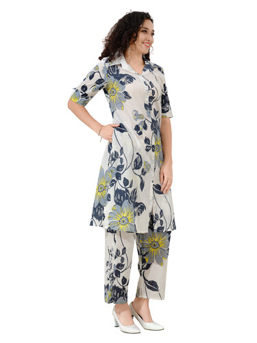 OWLSKY, SASSY & STYLO Women’s Cotton Floral Printed Co-ord Set of Kurta and Pants | Stylish Casual Two-Piece Outfit | V Neck 3/4 Sleeve | Casual Wear With Pockets White