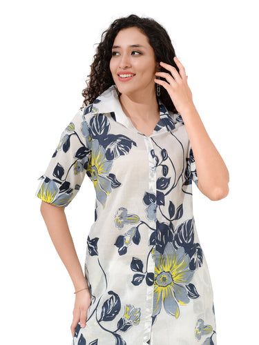 OWLSKY, SASSY & STYLO Women’s Cotton Floral Printed Co-ord Set of Kurta and Pants | Stylish Casual Two-Piece Outfit | V Neck 3/4 Sleeve | Casual Wear With Pockets White