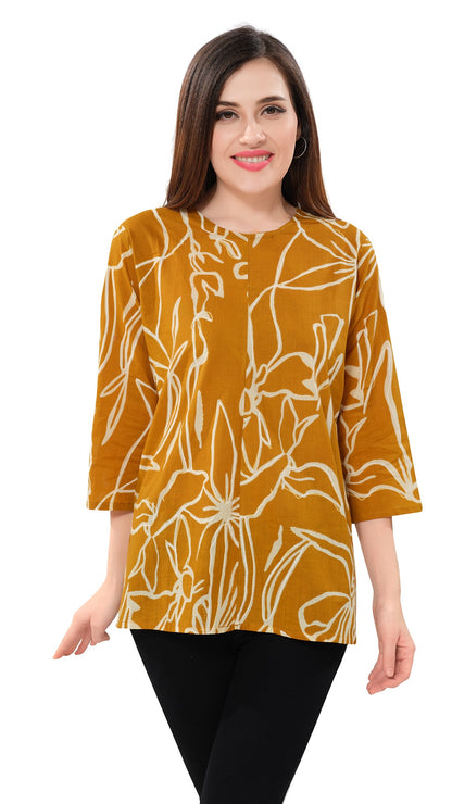 Owl Sky Women’s Pure Cotton Jaipuri Printed Short Kurti – Free Size Orange