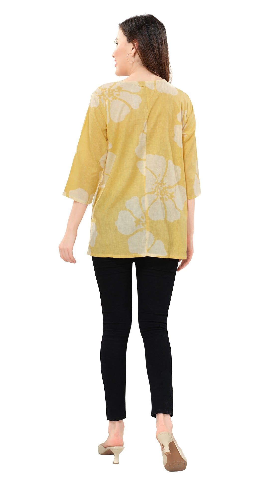 Owl Sky Women’s Pure Cotton Jaipuri Printed Short Kurti – Yellow