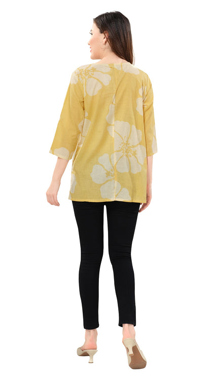 Owl Sky Women’s Pure Cotton Jaipuri Printed Short Kurti – Free Size Yellow