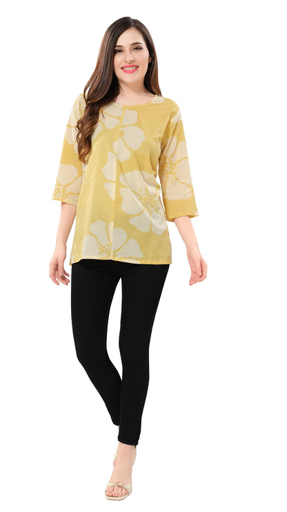 Owl Sky Women’s Pure Cotton Jaipuri Printed Short Kurti – Free Size Yellow