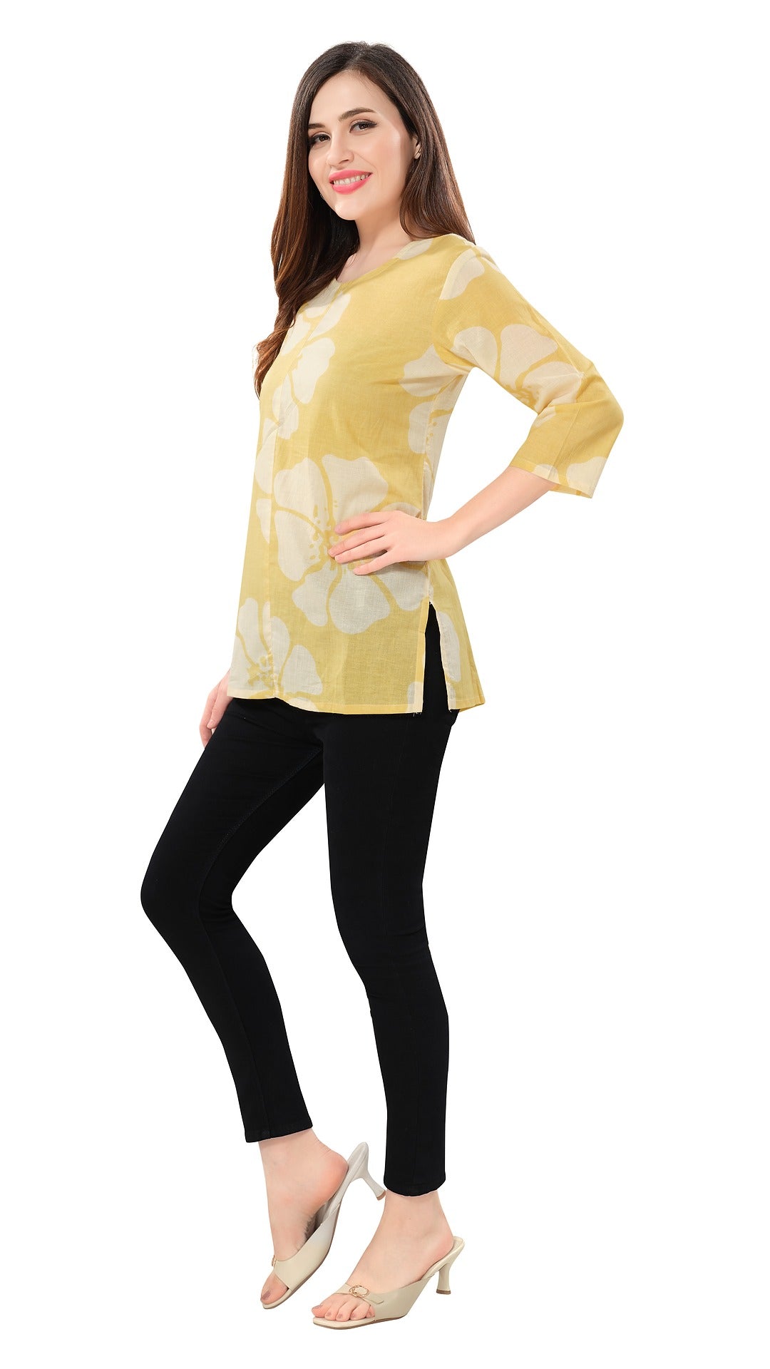 Owl Sky Women’s Pure Cotton Jaipuri Printed Short Kurti – Yellow