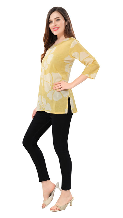 Owl Sky Women’s Pure Cotton Jaipuri Printed Short Kurti – Free Size Yellow