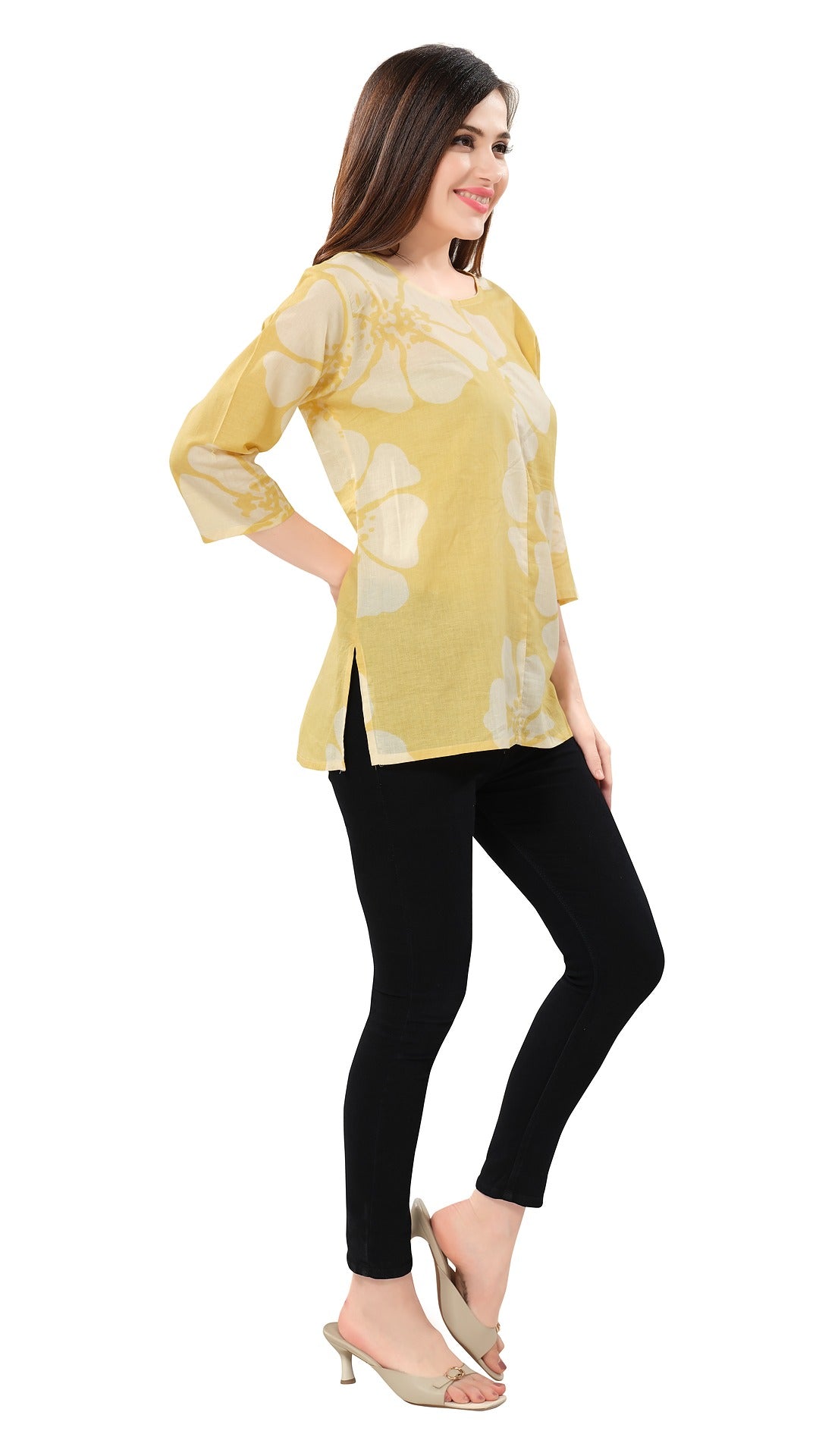 Owl Sky Women’s Pure Cotton Jaipuri Printed Short Kurti – Yellow