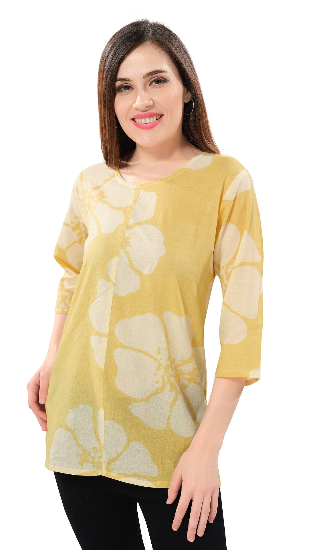Owl Sky Women’s Pure Cotton Jaipuri Printed Short Kurti – Free Size Yellow
