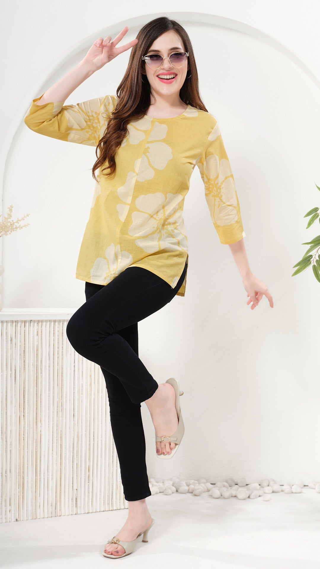 Owl Sky Women’s Pure Cotton Jaipuri Printed Short Kurti – Free Size Yellow