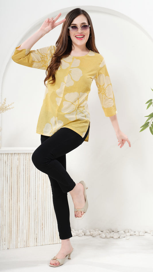 Owl Sky Women’s Pure Cotton Jaipuri Printed Short Kurti – Free Size Yellow