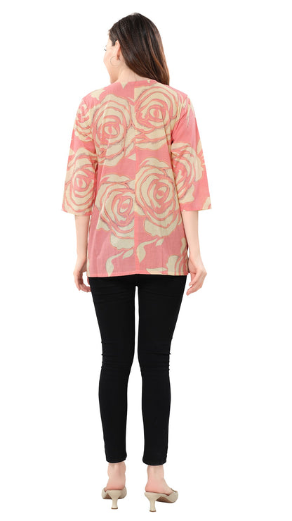 Owl Sky Women’s Pure Cotton Jaipuri Printed Short Kurti – Free Size Rose