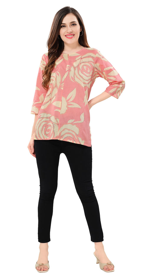 Owl Sky Women’s Pure Cotton Jaipuri Printed Short Kurti – Free Size Rose