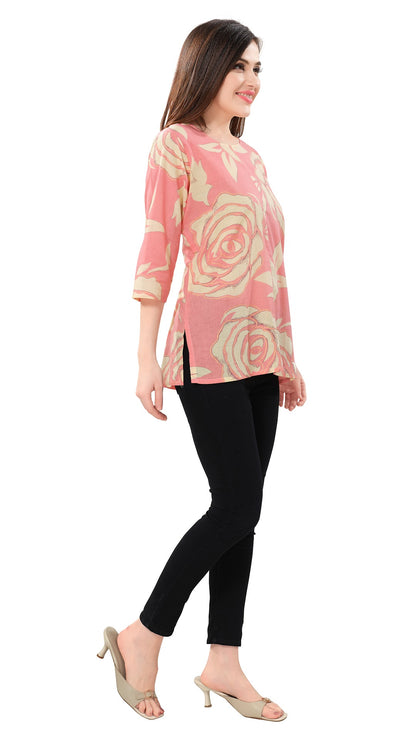 Owl Sky Women’s Pure Cotton Jaipuri Printed Short Kurti – Free Size Rose