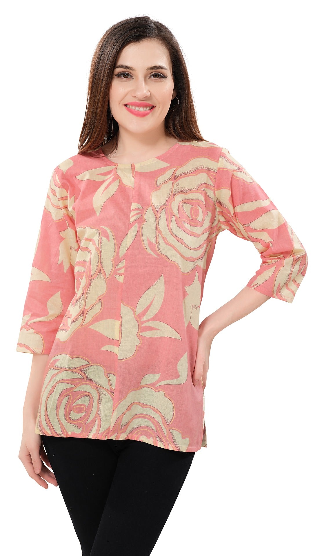 Owl Sky Women’s Pure Cotton Jaipuri Printed Short Kurti – Free Size Rose