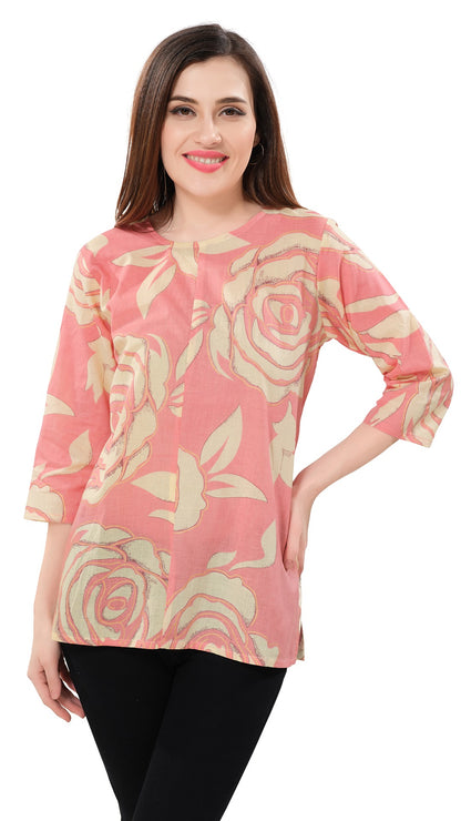 Owl Sky Women’s Pure Cotton Jaipuri Printed Short Kurti – Free Size Rose