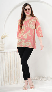 Owl Sky Women’s Pure Cotton Jaipuri Printed Short Kurti – Rose