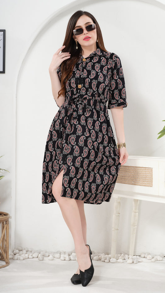 Owlsky Women’s Kalamkari Printed Pure Cotton One Piece Stylish Dress with Front Knot | Knee Length | Indo-Western Ethnic Gown Comfortable Perfect for Every Occasion Black