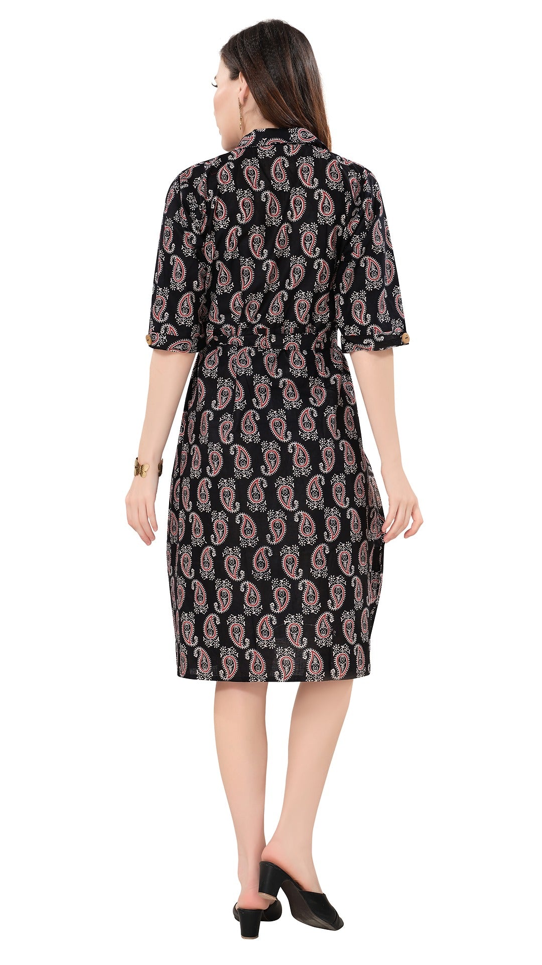 Owlsky Women’s Kalamkari Printed Pure Cotton One Piece Stylish Dress with Front Knot | Knee Length | Indo-Western Ethnic Gown Comfortable Perfect for Every Occasion Black