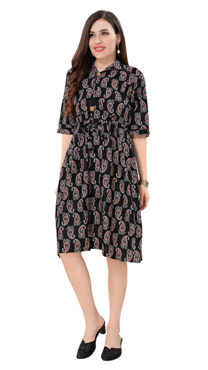 Owlsky Women’s Kalamkari Printed Pure Cotton One Piece Stylish Dress with Front Knot | Knee Length | Indo-Western Ethnic Gown Comfortable Perfect for Every Occasion Black