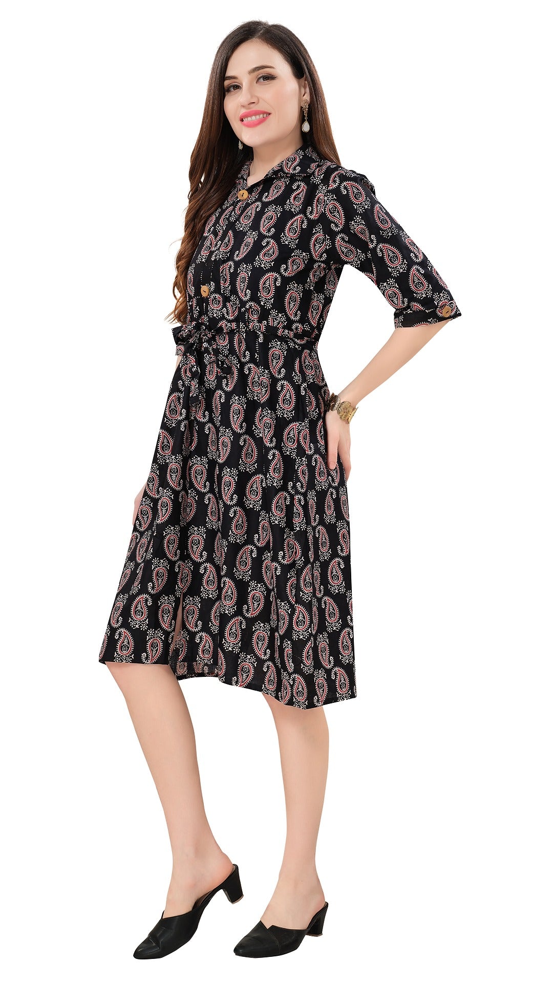 Owlsky Women’s Kalamkari Printed Pure Cotton One Piece Stylish Dress with Front Knot | Knee Length | Indo-Western Ethnic Gown Comfortable Perfect for Every Occasion Black