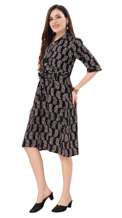 Owlsky Women’s Kalamkari Printed Pure Cotton One Piece Stylish Dress with Front Knot | Knee Length | Indo-Western Ethnic Gown Comfortable Perfect for Every Occasion Black