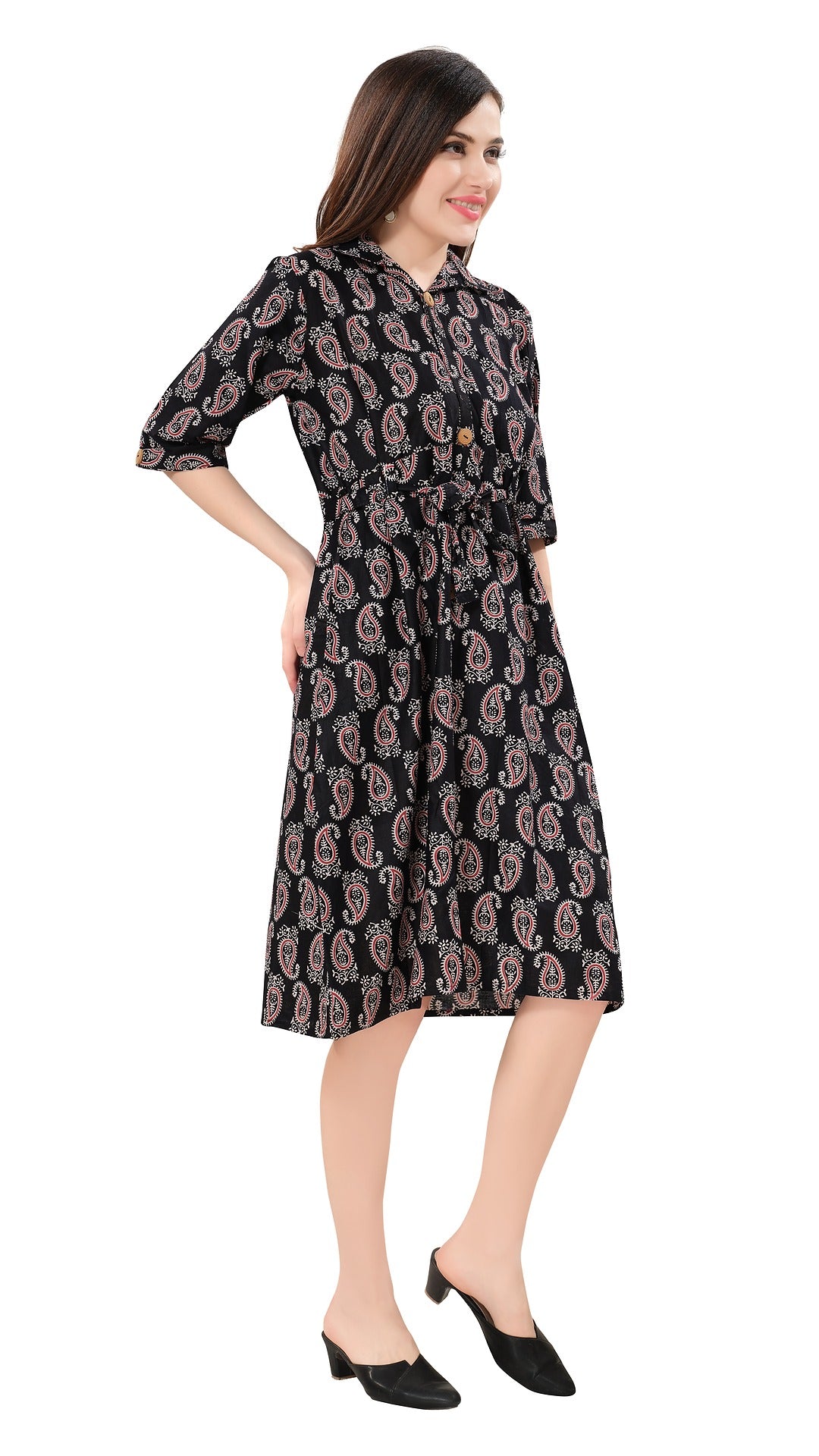Owlsky Women’s Kalamkari Printed Pure Cotton One Piece Stylish Dress with Front Knot | Knee Length | Indo-Western Ethnic Gown Comfortable Perfect for Every Occasion Black