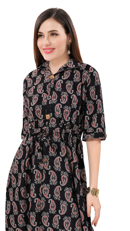 Owlsky Women’s Kalamkari Printed Pure Cotton One Piece Stylish Dress with Front Knot | Knee Length | Indo-Western Ethnic Gown Comfortable Perfect for Every Occasion Black