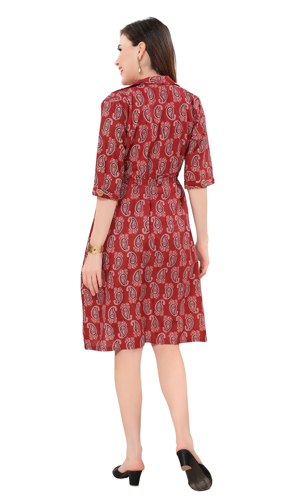 Owlsky Women’s Kalamkari Printed Pure Cotton One Piece Stylish Dress with Front Knot | Knee Length | Indo-Western Ethnic Gown Comfortable Perfect for Every Occasion Red