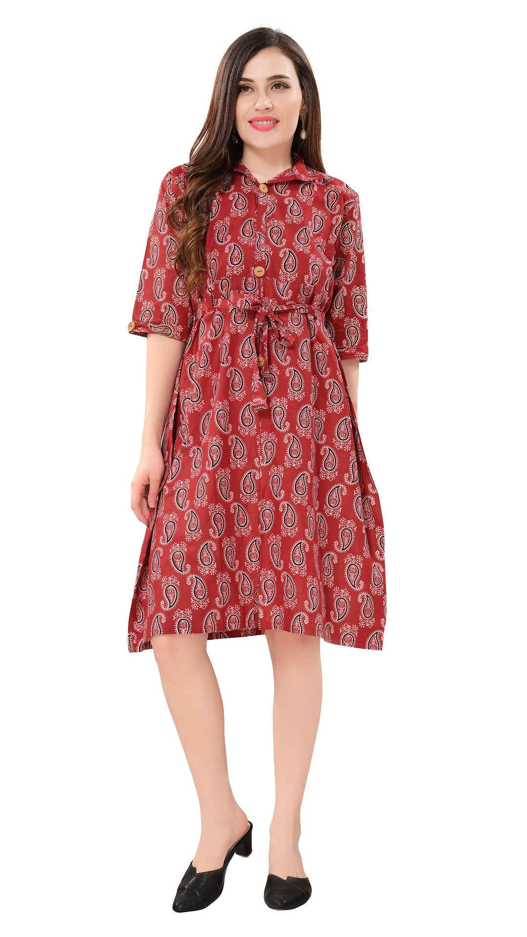 Owlsky Women’s Kalamkari Printed Pure Cotton One Piece Stylish Dress with Front Knot | Knee Length | Indo-Western Ethnic Gown Comfortable Perfect for Every Occasion Red