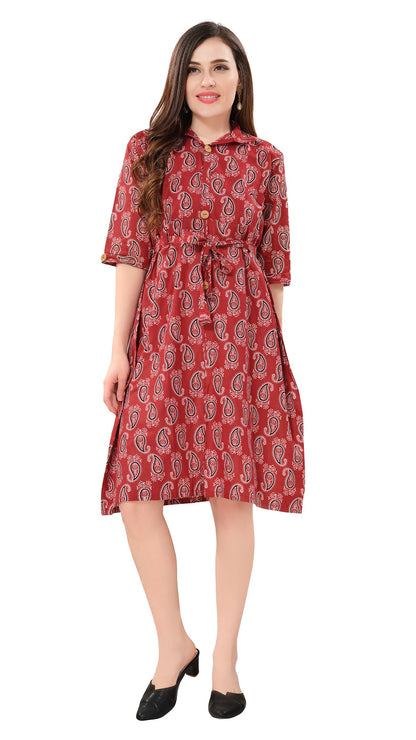 Owlsky Women’s Kalamkari Printed Pure Cotton One Piece Stylish Dress with Front Knot | Knee Length | Indo-Western Ethnic Gown Comfortable Perfect for Every Occasion Red