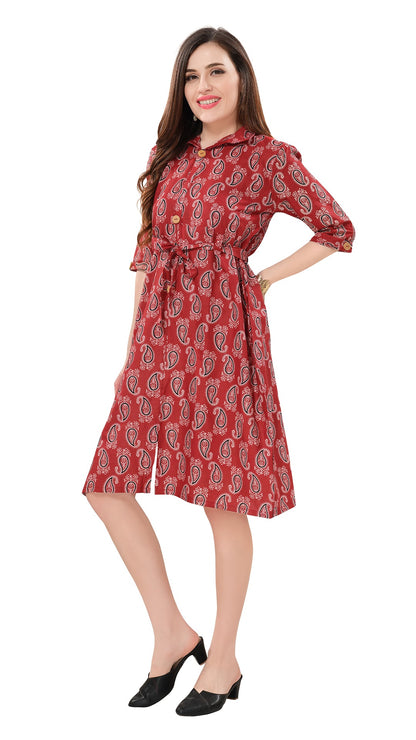Owlsky Women’s Kalamkari Printed Pure Cotton One Piece Stylish Dress with Front Knot | Knee Length | Indo-Western Ethnic Gown Comfortable Perfect for Every Occasion Red