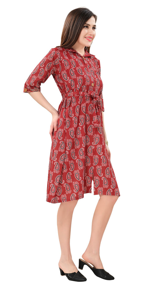 Owlsky Women’s Kalamkari Printed Pure Cotton One Piece Stylish Dress with Front Knot | Knee Length | Indo-Western Ethnic Gown Comfortable Perfect for Every Occasion Red