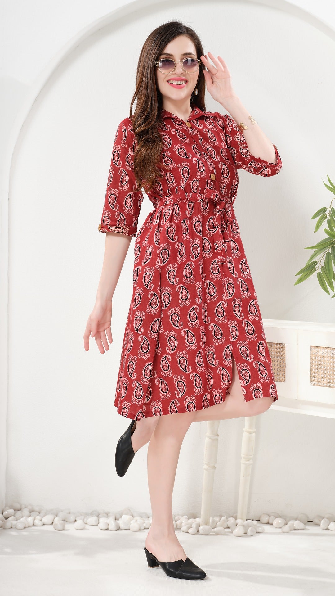 Owlsky Women’s Kalamkari Printed Pure Cotton One Piece Stylish Dress with Front Knot | Knee Length | Indo-Western Ethnic Gown Comfortable Perfect for Every Occasion Red