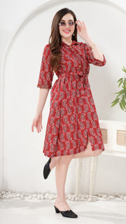 Owlsky Women’s Kalamkari Printed Pure Cotton One Piece Stylish Dress with Front Knot | Knee Length | Indo-Western Ethnic Gown Comfortable Perfect for Every Occasion Red